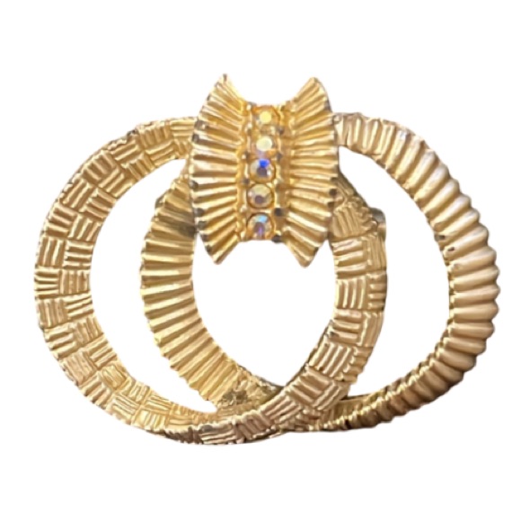 Vintage Textured Gold Ab Borealis Crystal Rhinestone Bow Double Circle Brooch